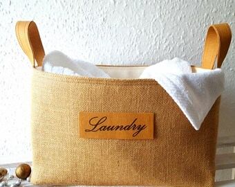 RETRO LAUNDRY BAG Jute Hamper Waterproof Personalized Label Handles Hessian Burlap Storage Organiser Basket Handmade Fabric Gift Xmas