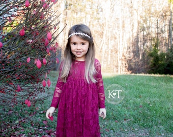 Ready to Ship- Long Sleeve Burgundy Lace Sweetheart Dress- Flower Girl, Wedding, Girl, Toddler, country, rustic dress, fall, winter, red
