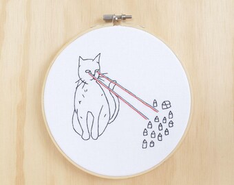 Cat Attacks Hand Embroidered Hoop Art, Wall Art