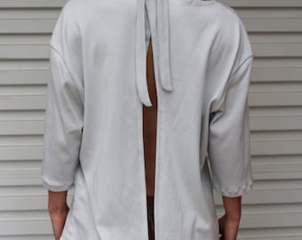 ORGANIC COTTON Tie Neck Deep V Open Back Slit Choker Criss Cross Top Shirt Blouse Eco Ethical