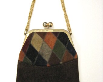 Vintage 1960's Multi-Colored Harlequin Pattern Chocolate Brown Suede Purse by Triangle of New York