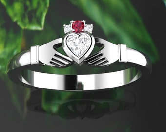 Ruby Claddagh ring. Diamond claddagh ring. Engagement ring. Gold claddagh. Available in 14K / 18K yellow, rose, white or platinum.