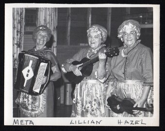 Vintage Snapshot Photo Three Older Women Musical Trio Accordion, Ukelele and Fiddle 1960's, Original Found Photo, Vernacular Photography