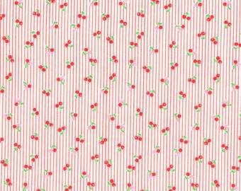 HALF YARD Lecien - Minny Muu Cherries on RED Pinstripes - Fall 2016 - Bunch of Cherries, Stripe - Japanese Imported