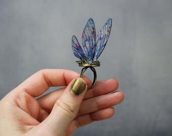 Delicate Blue and Pink Sprite Wings - Gossamer Fairy Wing/Butterfly Cicada Ring
