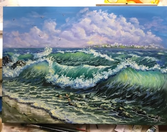 Large oil painting ocean waves painting beach decor seascape painting blue coastal landscape painting canvas art storm sea art impressionist