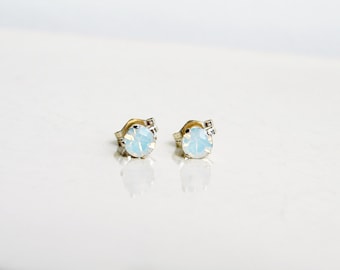 Small White Opal Earrings. Swarovski Stud Earrings. October Birthday. Sterling Silver Setting. Bridesmaid Gift. Simple Modern