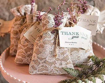 Paquets de 12 Chic rustique toile de jute et dentelle faveur du sac