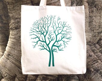 Hand Screen Printed Tree Design Cotton Canvas Tote Bag Shoulder Bag Beach Bag Grocery Bag Natural Reusable