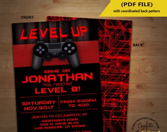 Level Up Video game birthday party invitation game on invite gaming party games truck red YOU EDIT TEXT and print yourself invite 5904