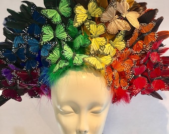 Butterfly Headpiece- Rainbow Butterfly Headdress- Spring Fascinator- Derby -Tea Party Hat- Monarch Headpiece -Butterfly Fascinator