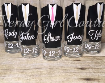 Personalized Shot Glasses with Tuxes, Groomsmen Wedding Glasses, will you be my groomsman, groomsman gifts, wedding party gifts