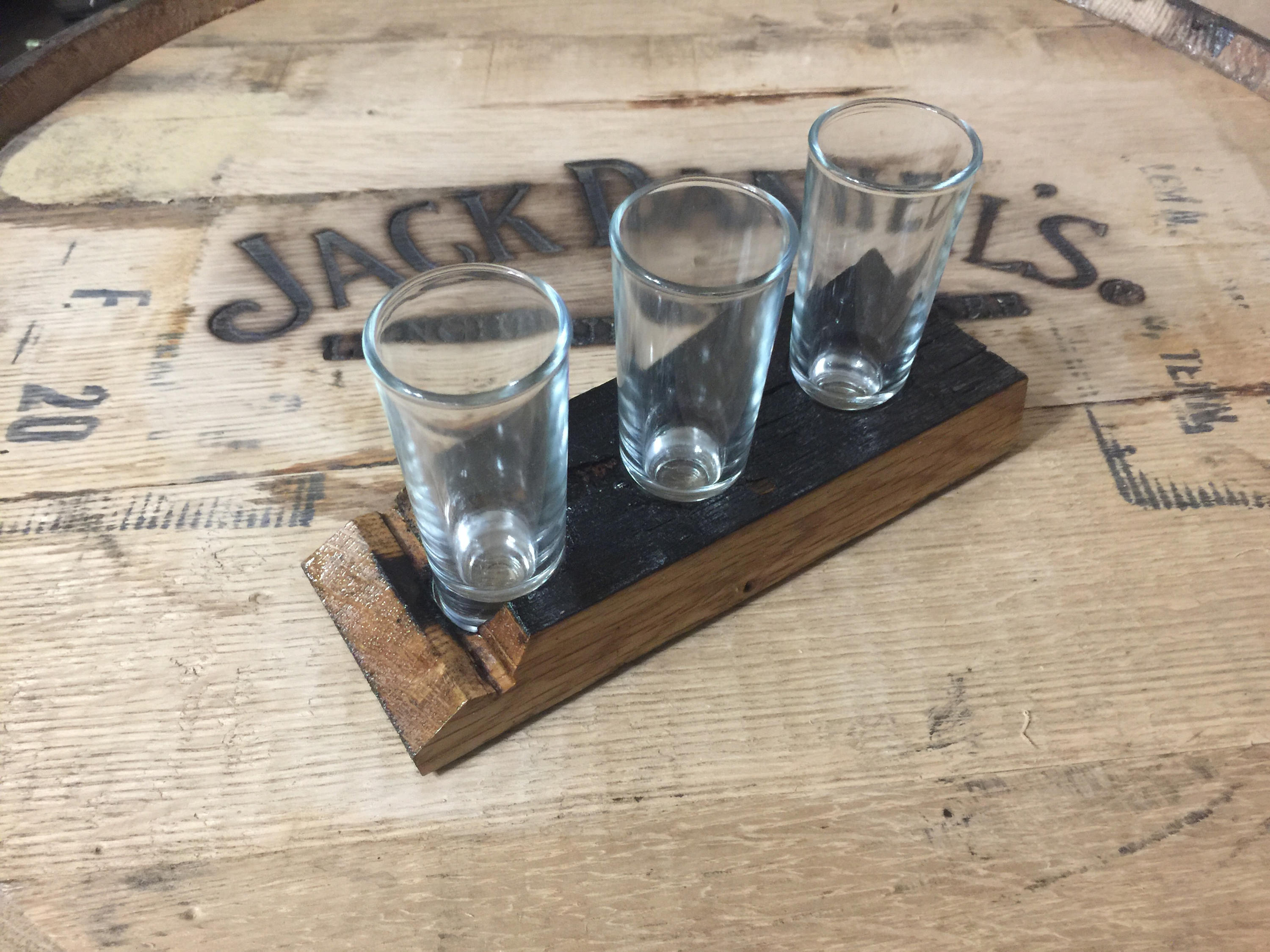 Whiskey Barrel Shot Glass Holder with 3 shot glasses