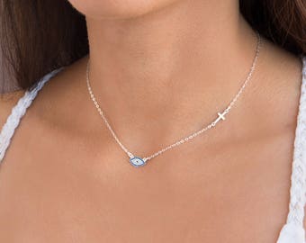 Cross and Evil Eye Necklace, Silver or 14k Gold Fill, Cross Necklace, Delicate Evil Eye Jewelry, Gift For Daughter, Discreet Day Collar