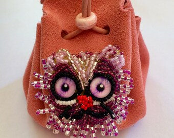 Leather and beads, small leather bag purse