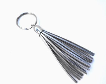 Silver suede tassel keychain or purse charm SILVER hardware