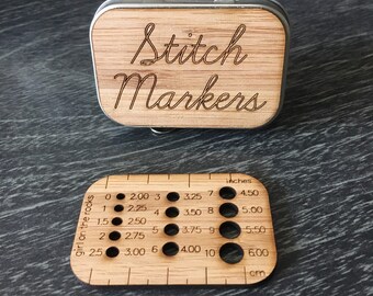 Stitch marker box with needle gauge