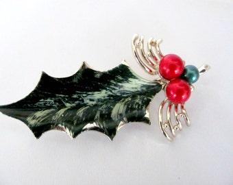 Vintage Christmas Brooch, 1970's Holly Leaf Brooch, Pin, Christmas Pin, Holly Pin, 1970's Christmas, Holiday Jewelry