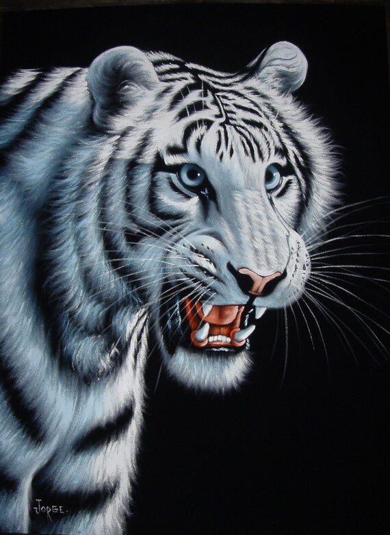 White tiger black velvet oil painting handpainted signed art