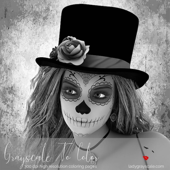 Sugarskull Woman Grayscale Coloring Page Sugar Skull Greyscale For Adults BookInstant Download