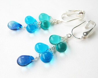 Shades of Blue Clipon Earrings, Aqua Blue Teardrop Clip Earrings, Bright Blue Dangle Earrings for Non Pierced Ears, Silver Ear Clips, Pool