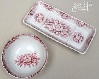 French 'Jardiniere' Saint Amand Hamage Nord Small Bowl and Serving Plate. Antique Ironstone Transferware. Perfect for snacks, breadsticks