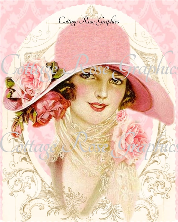 Vintage Pink hat Victorian lady Roses Large digital download