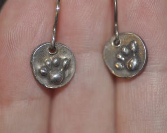 Cute Wax Carved Paw Print Sterling Silver Dangle Earrings
