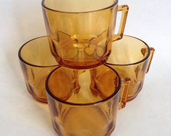 Set of 4 Vintage Arocroc Amber Glass Mugs