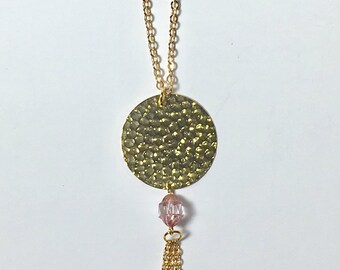 Vintage Pink and Gold Tassel Necklace, Medallion Necklace, Tassel Necklace