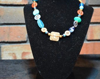Teal and Tan Button Necklace and Bracelet