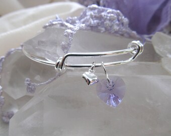 Heart to Heart Over The Wrist Silver Plated Swarovski Violet & Sterling Silver Small Heart Bracelet