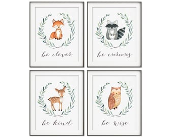 Woodland Nursery, Woodland Nursery Decor, Fox Deer Raccoon Owl, Woodland Animals, Woodland Nursery Creatures Be Brave Be Kind, ORIGINAL