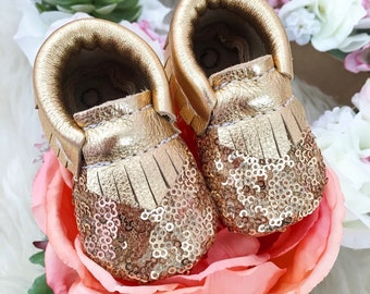 Baby Moccasins, Toddler Moccasins, Sequin Gold Moccasins, Leather Shoes, Booties, Twinkle Toe Moccasins