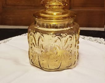 Small Amber Honey Atterbury Scroll Imperial Glass Canister without seal