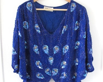 Vintage 100% Silk Blue Batwing Beaded Sequin Top - Size S/M