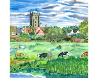 English Landscape Limited Edition Print Suffolk Meadows with Cattle