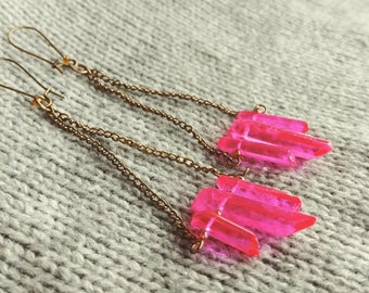 Hot Pink Quartz Point Chain Long Duster Dangle Earrings in Gold Brass