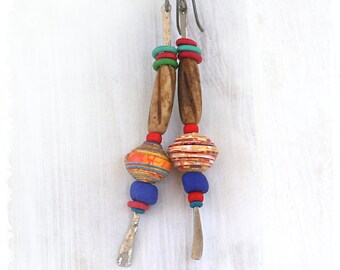 Colorful tribal long dangle earrings, Gypsy stick earrings, Hippie earrings, Ethnic mixed media earrings, Stacked bead earrings,
