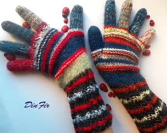 Women L With Fingers Wool OOAK Ready To Ship Mittens Bohemian Wrist Warmers Winter Fingered Gloves Hand Knitted Gift Striped Multicolor 87