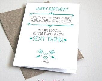 Happy Birthday Gorgeous GREETING CARD / girlfriend or wife Birthday / Turquoise and Grey / 5x7 Folded Card – Printable DIY, Instant Download