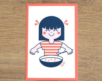 Carte Postale Miam (illustration rétro vintage fille bleu rouge cute ateliervudo vudo)