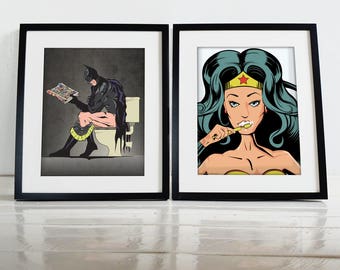 Batman and Wonder Woman Superhero On the Toilet and Brushing Teeth Bathroom Restroom Poster Wall Art Hanging Print Home Décor Superheroes
