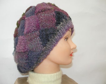 Knitted Green, Purple and Pink Slouchy Hat, Knitted Entrelac Hat, Colorful Womens Knitted Hat