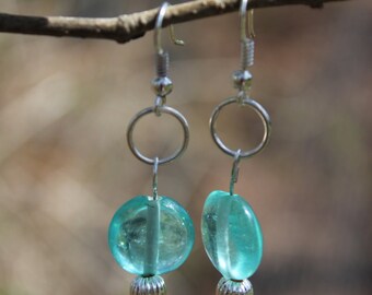 Pink Glass Teardrop Bead and Aqua Glass Bead Earrings