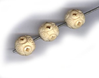 vintage bone beads pieced and carved THREE beads bridal jewelry ROUND historic jewelry organic natural beads 13mm OOAK rare carving