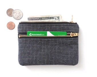 Wallet Coin Purse Double Zipper Pouch Black Grid