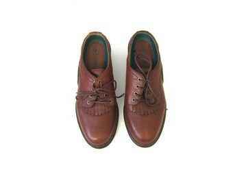 Vintage Dark Brown Leather Slip On Mules Closed Toe Chunky Slides Fringed Western Shoes Womens Double H shoes Size 6.5