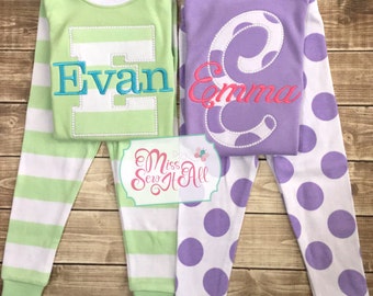 Children's Spring Pajamas, Easter Pajamas, Appliqued Initial Pajamas, Custom Pajamas, Springtime Pajamas, Kid's Easter Pajamas, Spring Pj's