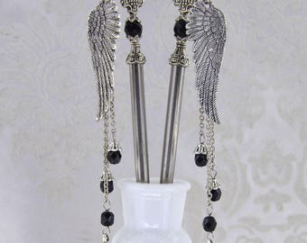 Fallen - Gothic Angel Hair Sticks - Gothic Victorian Statement hairsticks - Hematite, White, and Jet Black - Multiple colors available